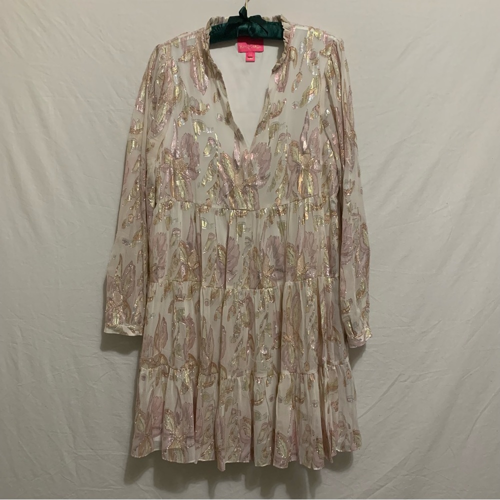 Lilly Pulitzer Sarita Silk Tiered Dress Coconut Rose Gold Metallic - Picture 3 of 14